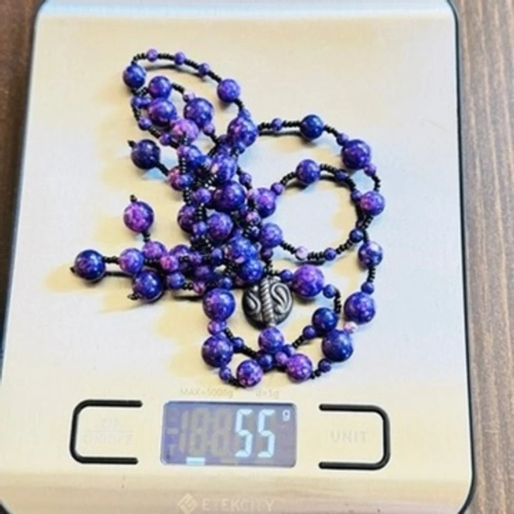 VTG Czech Art Glass‎ Beaded Picasso Tassel Necklace Purple Beads Flapper 32